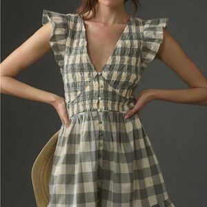 Anthropologie Periguine Button-Front V-Neck Sundress in Cream & Gray